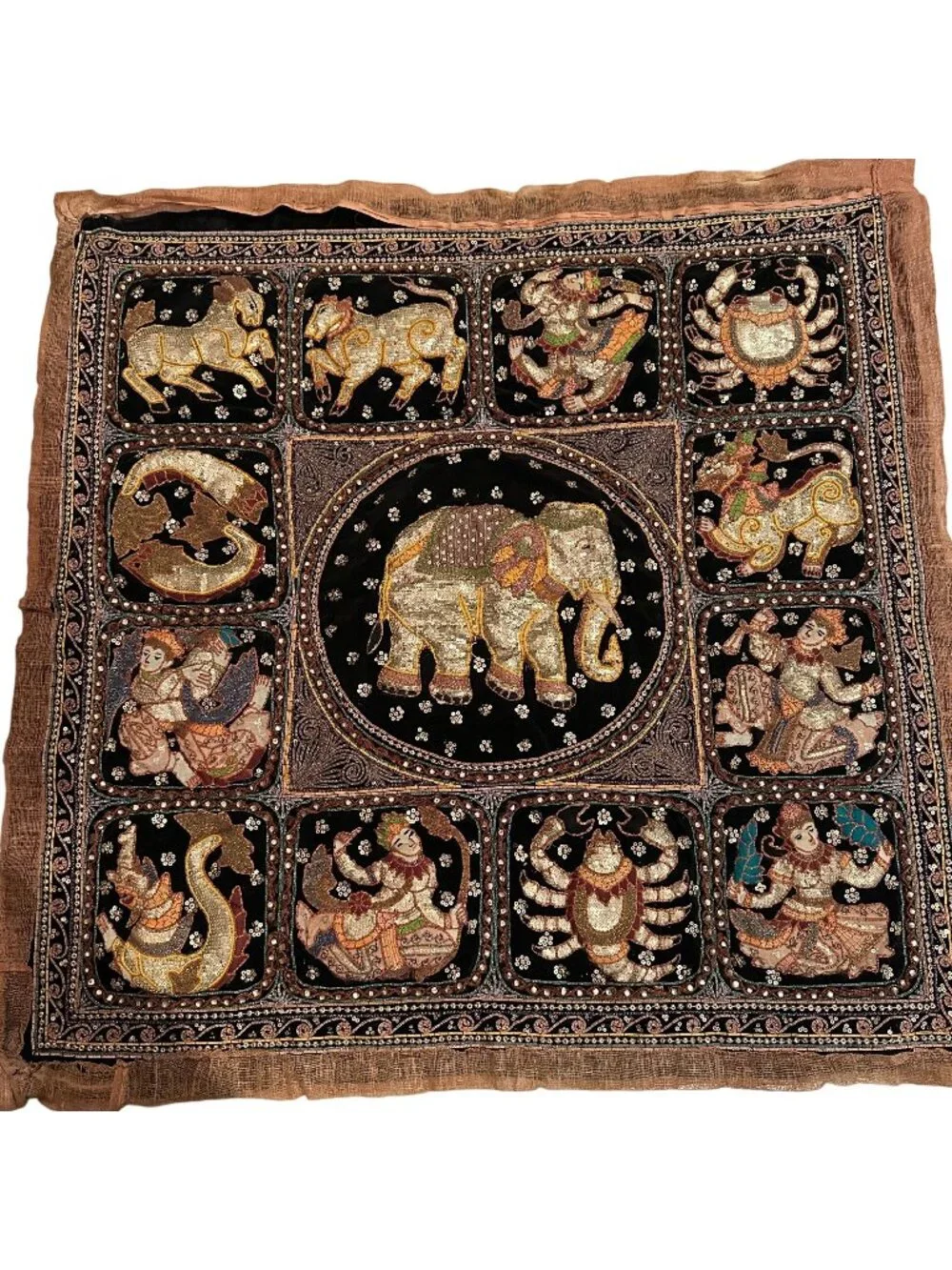 Indian Thai Zodiac Tapestry Vintage Zodiac Wall Decor Sequin Hand Embroidered